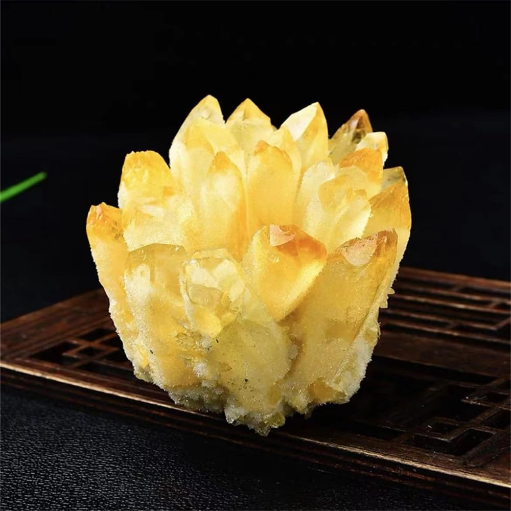 WNJZ Gorgeous Lab Phantom Quartz Crystal Cluster with Wooden Stand Healing Mineral Specimen VUG Home Office Aquarium Decoration (Yellow)