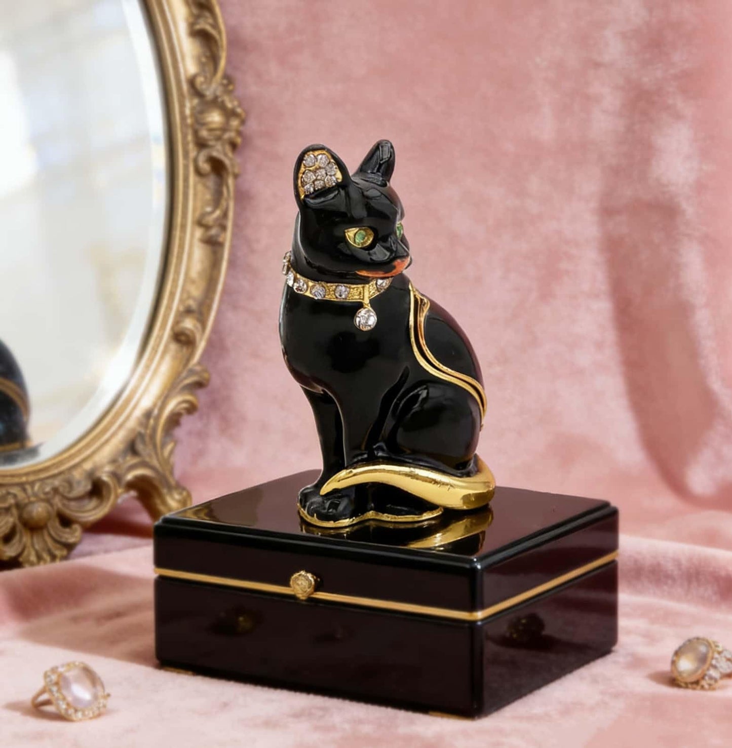 JWT Astyle Luxury Black Cat Hinged Jewelry Box with Crystals.Hand Painted Cat Figurine Trinket Box .Classic Animal Designs.Rings Earrings Necklace Storage Box, Cat Home Decor Gift