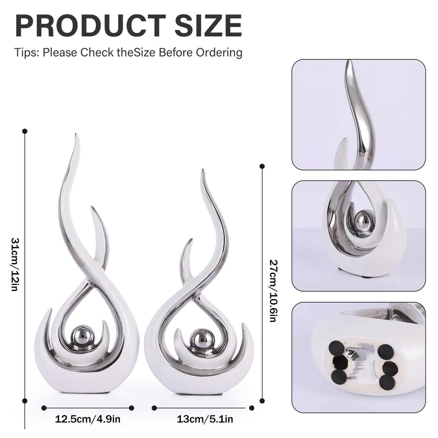 Ceramic Abstract 2 Piece Statue Set, White and Silver Home Decor Accents for Home Decor Statue Mantle Shelf Unique Decor, TV Cabinet Partition Table Top and Dining Table Centerpiece.