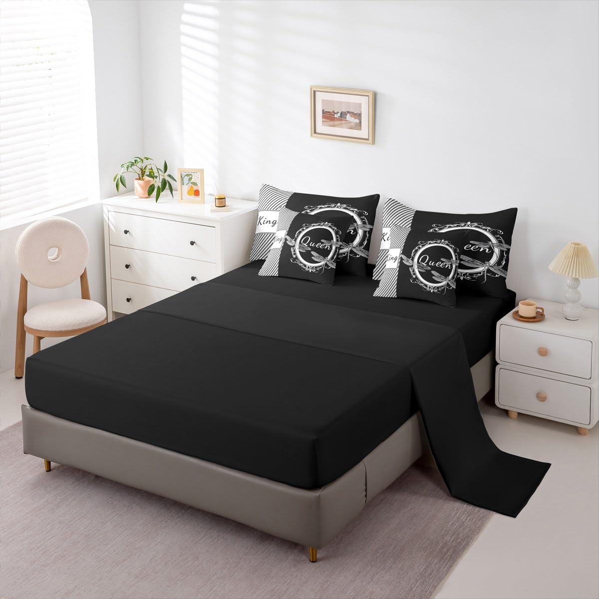 Dragonfly Bed in a Bag Queen Comforter Set 7 Piece,King and Queen Bedding Sets Couples Gifts for Men Women Black and White Comforter and Sheet Set, Aesthetic Animal Bed Sets,Valentines Day Decorations