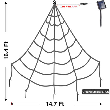Outdoor Solar Powered Halloween Decorations Spider Web Lights, 14.8 x 16.4 FT Triangular White Spider Web with 135 LED Purple Lights, Large Size Solar Halloween Decor (Purple)