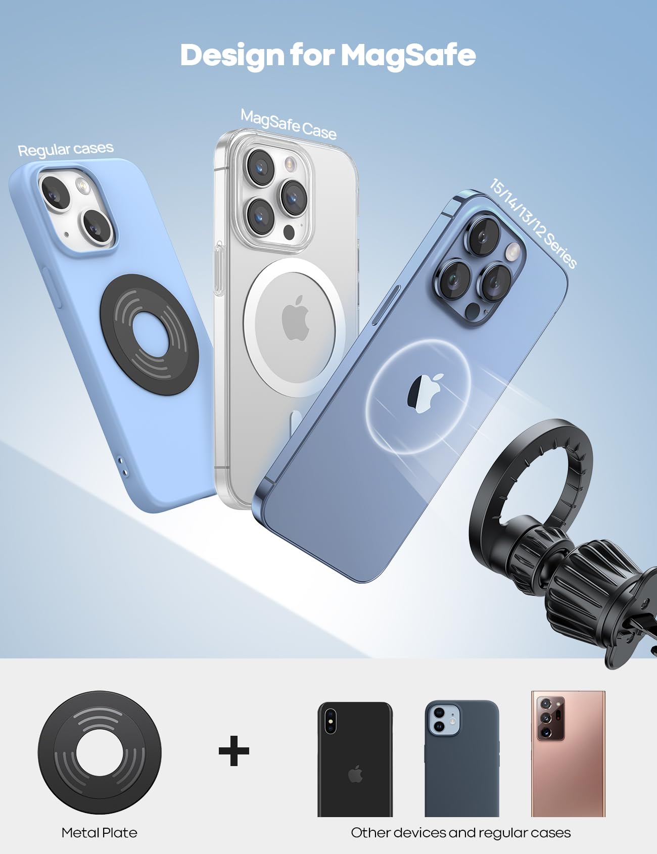 Lamicall Car Phone Mount for MagSafe - [20x N52 Magnet] Magnetic Phone Holder Car, Air Vent Phone Mount Cradle Hook for iPhone 17 16 15 14 13 Pro/Max/Plus/Air & MagSafe Case, Others with Metal Plate
