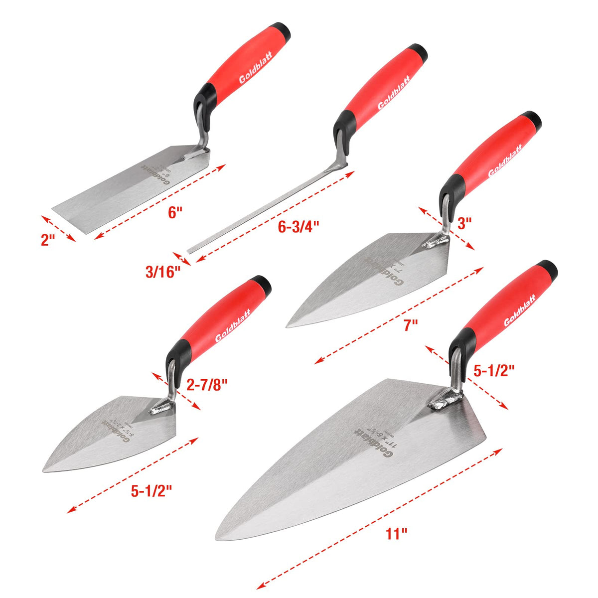 Goldblatt 12PC Masonry Hand Tool Set Organized in Tool Bag - Philadelphia/Pointing/Margin/Tuck Pointing Trowel, Skate Wheel Joint Raker, Convex Brick Jointer, String Line & Jag-clamp, Masonry Brush