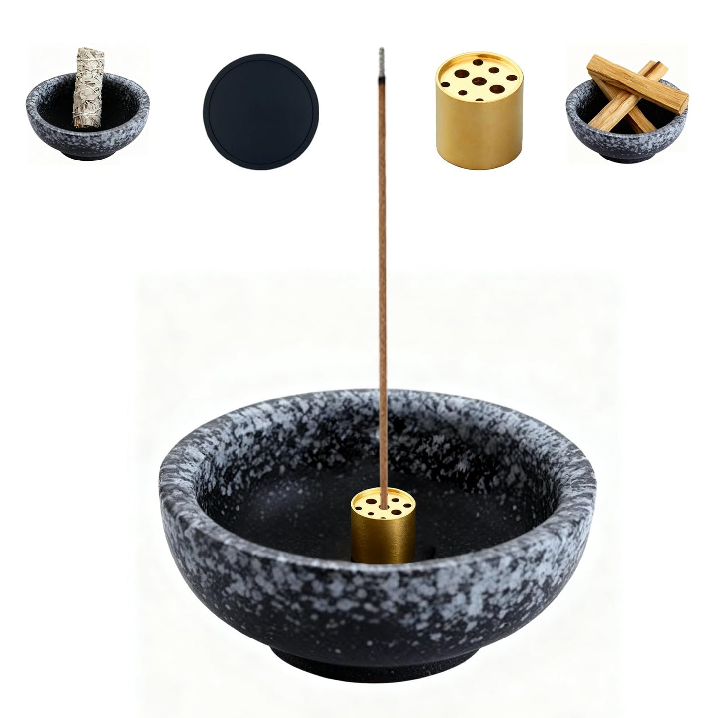 Japanese Ceramic Incense Burner, Handmade Zen Incense Holder with 9-Hole Brass Stick Holder, Ash Catcher Bowl for Meditation, Smudging, Aromatherapy, and Home Decor