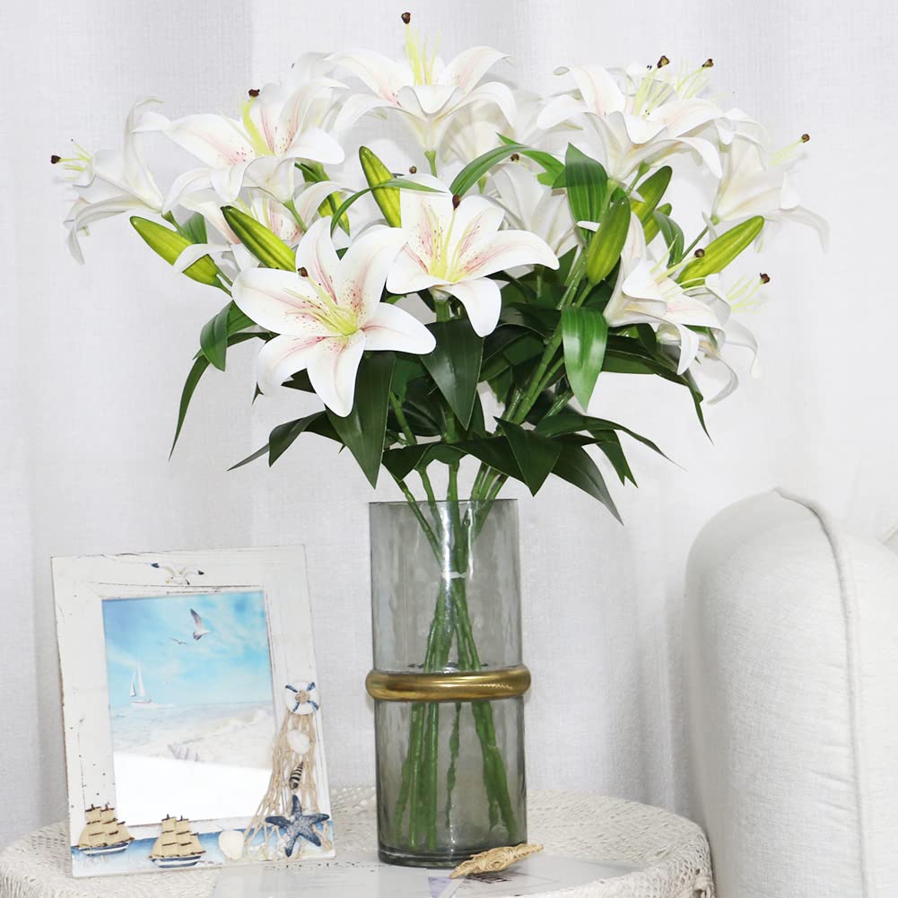 Olrla 60CM Long Artificial Lily 4PCS, toal 8 Blooming Flower Heads 4 Buds, 3D Print Fake Tiger Lily Flowers for Wedding Home Hotel Office Decoration (NO VASE)