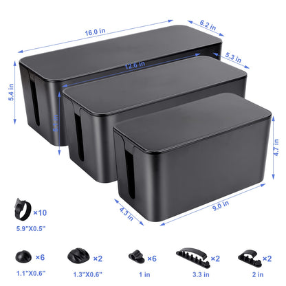Cable Organizer Box Set of Three, Power Cover Cord Holder Surge Protector for Desk (Black)