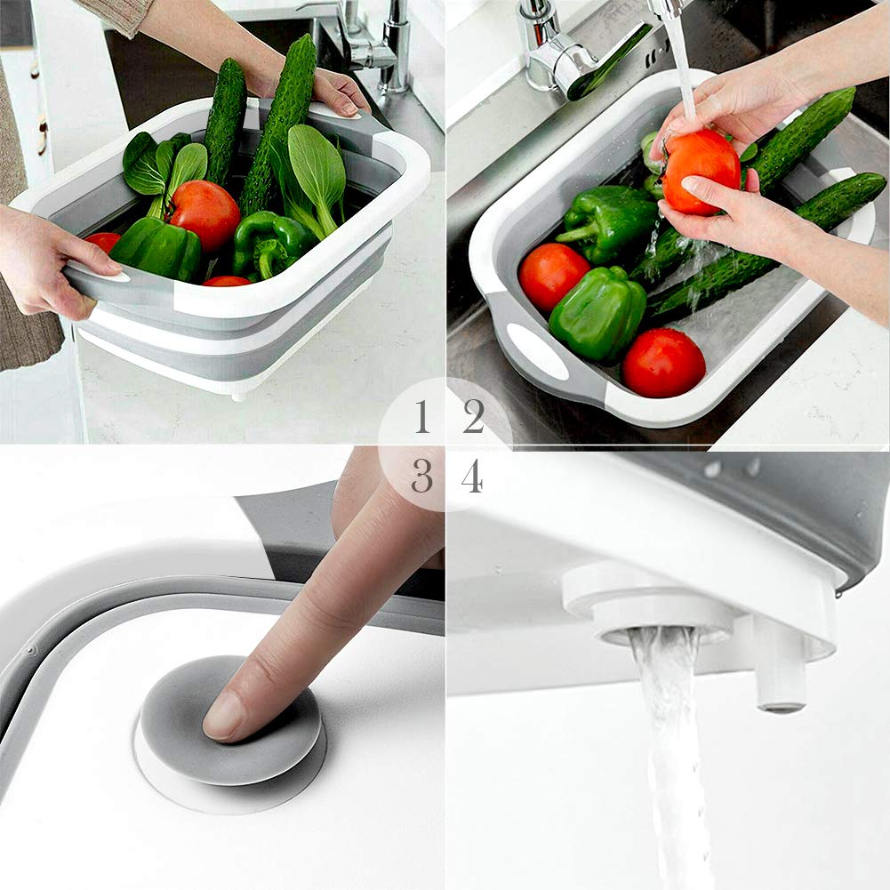 QiMH Collapsible Cutting Board - Foldable Multi-function Dish Tub - Washing and Draining Veggies Fruits Food Grade Sink Storage Basket(8.5 Quart) - New Kitchen and Camping Essentials(Knife Included)