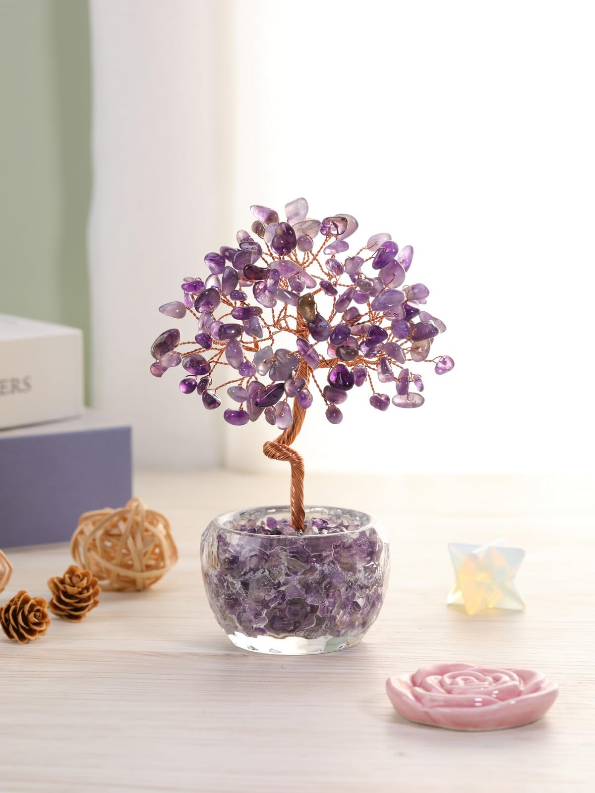 Jovivi Amethyst Crystal Trees,Natural Gemstone Amethyst Bonsai Money Tree of Life Purple Healing Crystals Home Office Desk Decor for Women Birthday Gifts