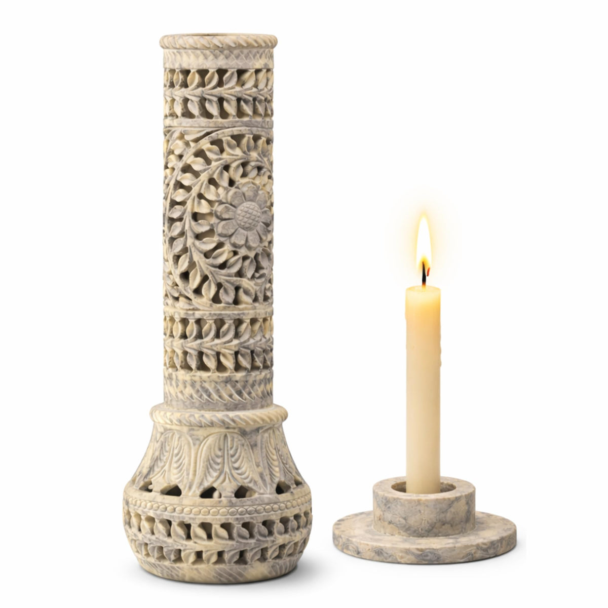 Carry Me Marble Soapstone Incense Stick Holder | Candle Burner | Tea Light Stand - Perfect Handmade Bottle Tower. Decorative Floral Carving for Gifting - Home and Office Decor - (3x3x10.5 Inches)