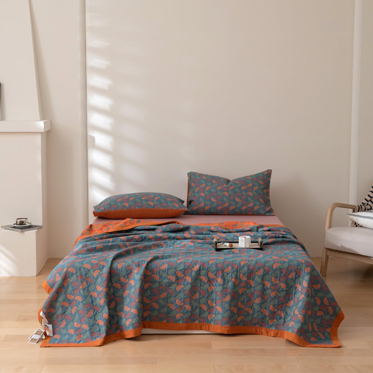 Purefair 100% Cotton Muslin Blanket Jacquard Floral Ginkgo Leaves Quilt, Soft Bed Cover 3 Layers Reversible Bedspread Coverlet Breathable Lightweight Bedding Full/Queen(78"x94"), No Pillow Sham