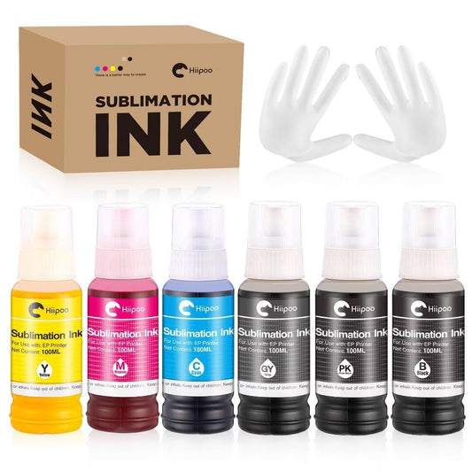 Hiipoo 600ML Sublimation Ink for ET-8500 ET-8550 Wide-Format Supertank Printers Heat Press Transfer on T-Shirt Tumblers (6x100ML, BK PB C M Y GY)