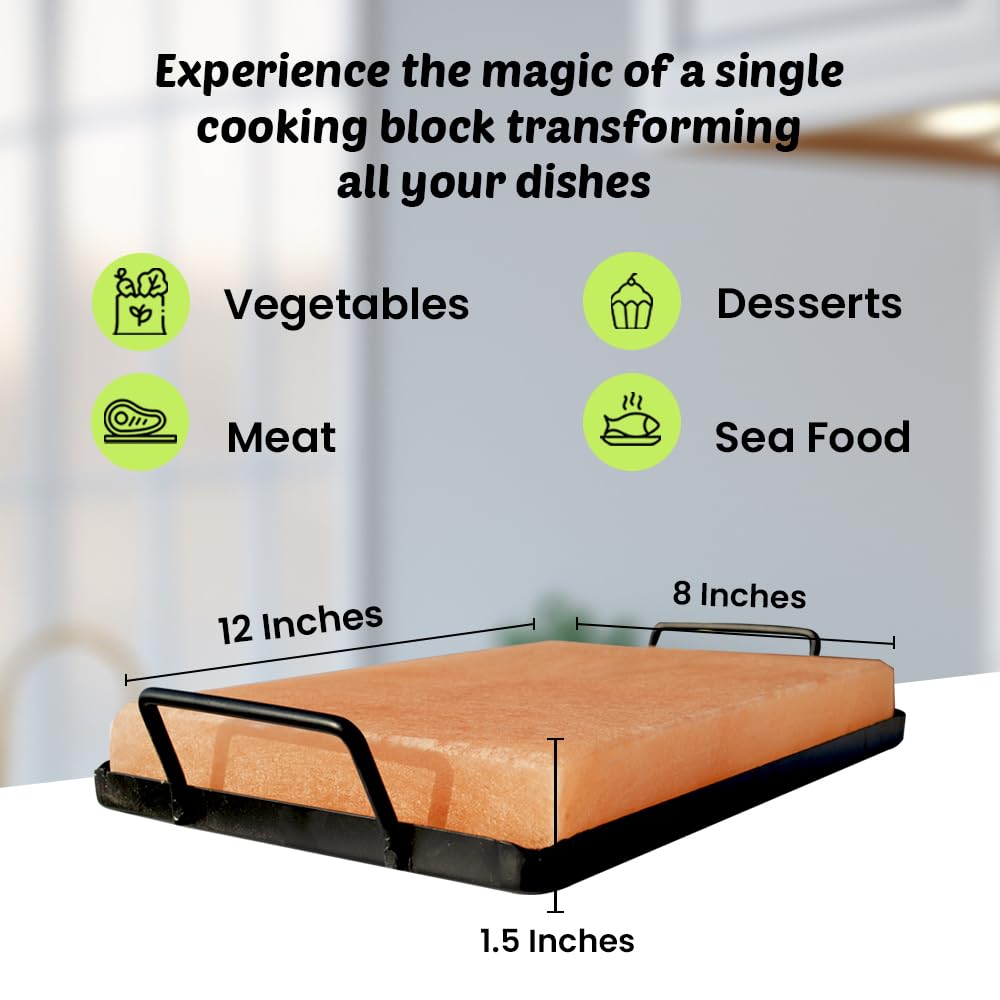POHS Himalayan Salt Block Cooking Plate 12x8x1.5 for Cooking, Grilling, Cutting and Serving, with Metal Tray & Recipe Booklet Unique Gifts for Men, Women, Chefs & Cooks