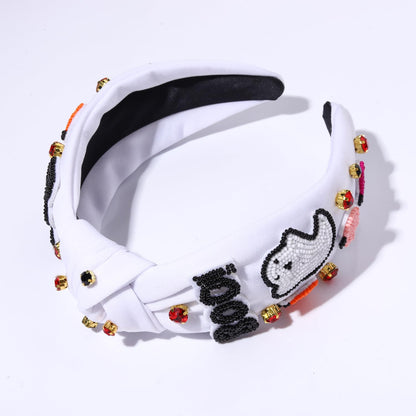 NVENF Halloween Headbands for Women, Rhinestone Crystal Embellished Knotted Headbands, Beaded Pumpkin Ghost Top Knot Headband Halloween Hair Accessories Party Favors Gifts (Ghost)