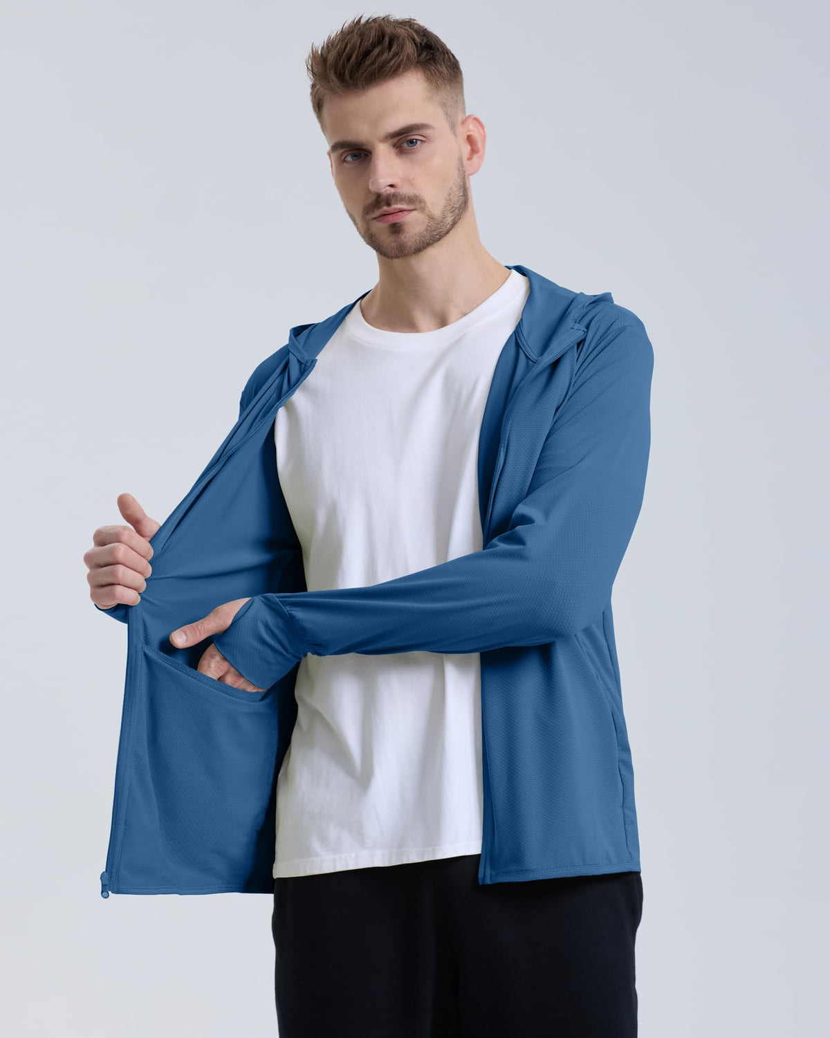 Locachy Men's UPF 50+ Sun Protection Outdoor Lightweight Full Zip Hoodie Jacket Long Sleeve Fishing Hiking Performance Shirt Dark Blue M