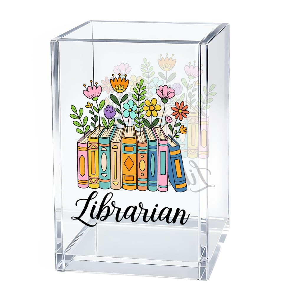 Gkodw Librarian Acrylic Pen Holder Cosmetic Organizer, Funny Pencil Pen Holder for Desk, Reading Nook Accessories for Library Lover Teacher, Librarian Day Appreciation Birthday Back To School Gifts