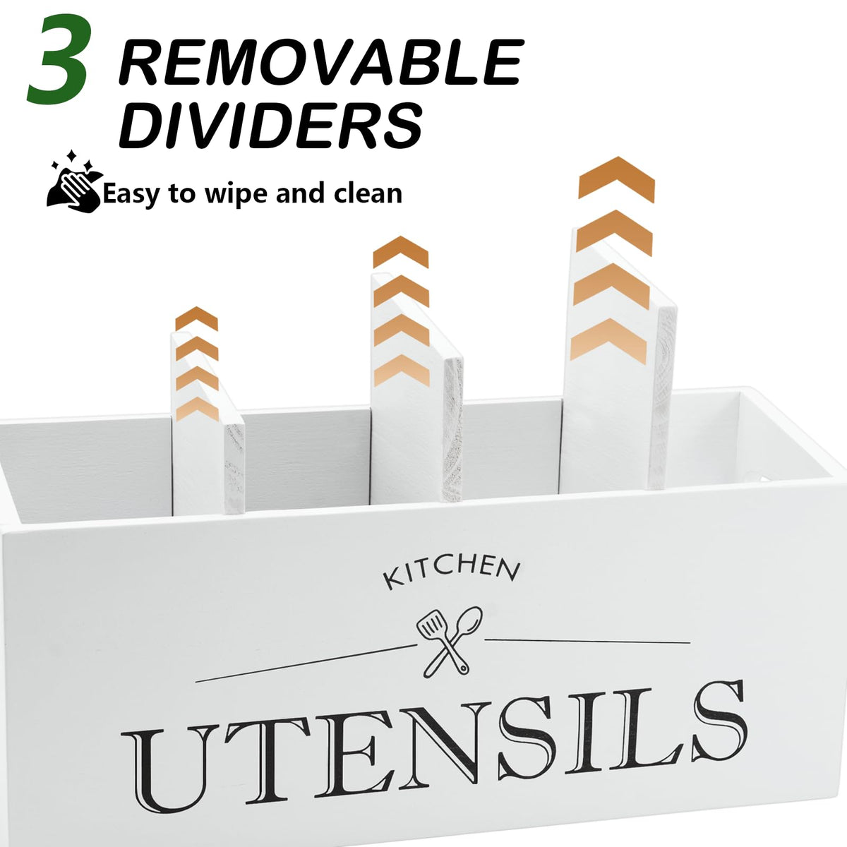 Kitchen Utensil Holder with 4 Compartments, Wooden Utensil Organizer for Countertop, Ideal for Storage and Organization, Rustic Cooking Utensil Kitchen Tool, White