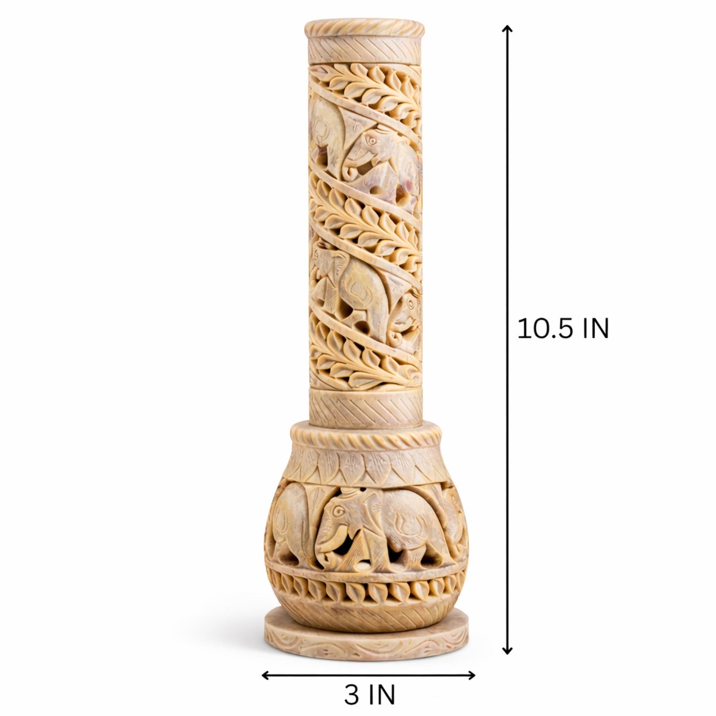 Carry Me Hand Carved Soapstone Incense Stick Holder | Candle Burner | Tea Light Stand. Elephant Jaali Carving Bottle Shape. Decorative Home and Kitchen Decor - (3x3x10.5 Inches)