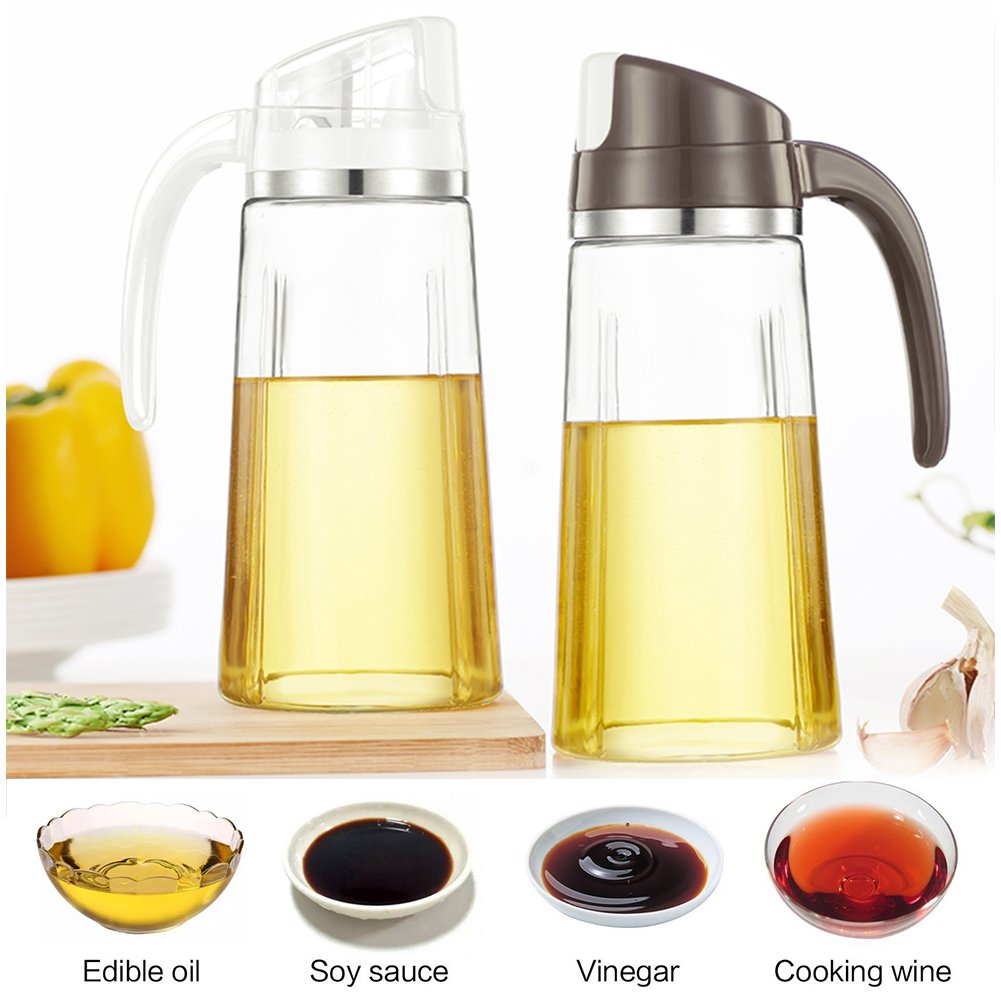 Marbrasse Oil Dispenser for Kitchen,20 OZ /600ml Leakproof Glass Oil Bottle with Auto Flip Cap,Olive Oil Container for Kitchen Cooking (White)