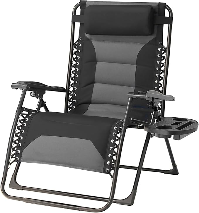 Zero Gravity Chair Oversized Padded Recliner with Adjustable Headrest & Cup Holder - XL 600D Oxford Folding Lounge Chair for Outdoor Camping, Patio, Poolside (Black & Gray)