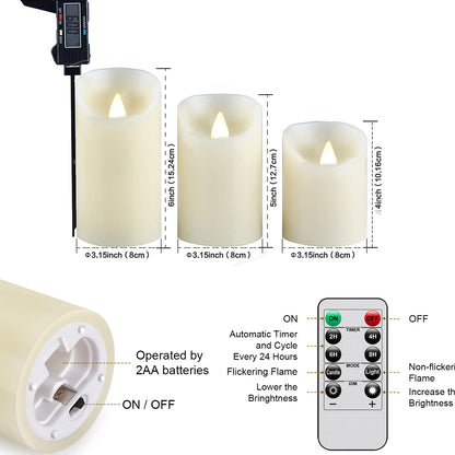 Biyanuo LED Candles, Flameless Battery Candles 4" 5" 6", Real Wax Pillars with 10 Key Remote Control and 24 Hour Timer (Ivory, 3 Pack)