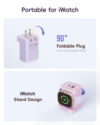 VRURC Charger for iPhone & Apple Watch, 20W USB C Fast Charging Block, 3-in-1 Compact Travel Adapter with 2 Port for iPhone 17/16/15/14/13, Wireless Magnetic for iWatch SE/11/10/9/8/7/6/5/4-Purple
