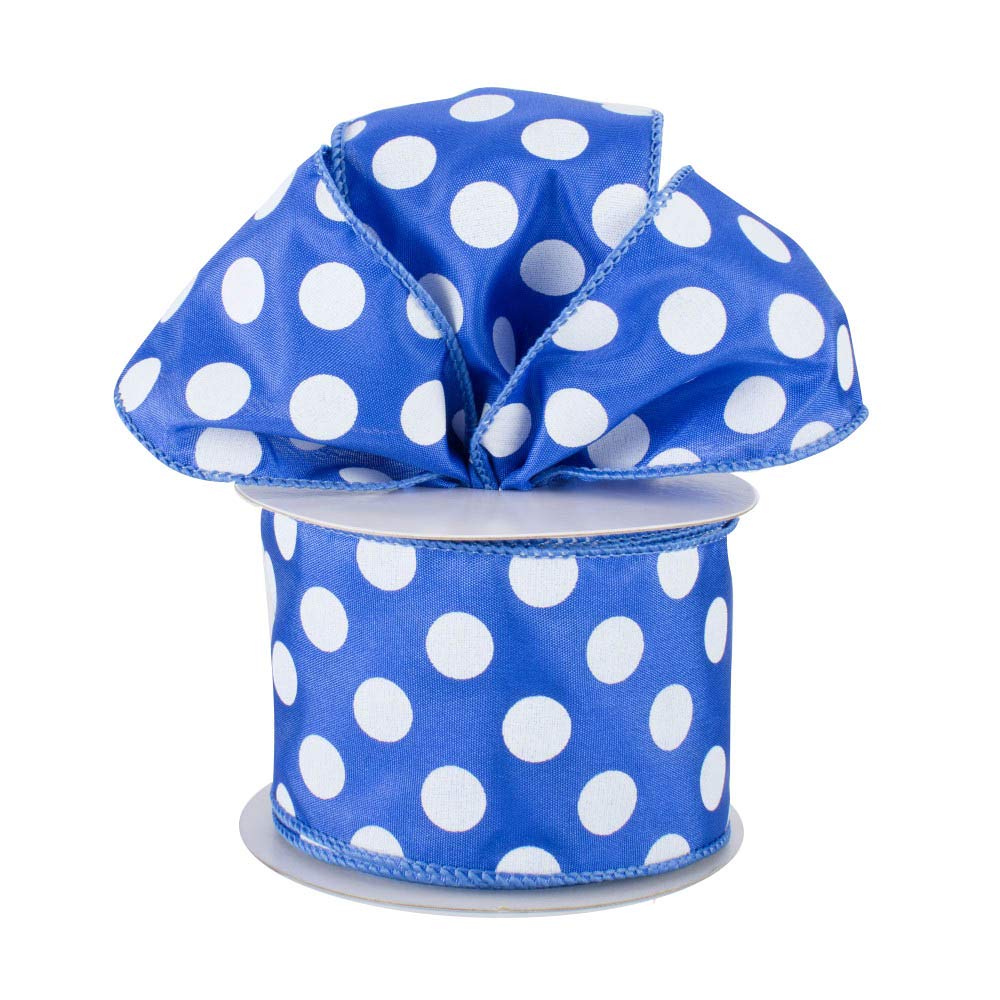 Royal Polka Dots Wired Ribbon - 2 1/2" x 10 Yards, White Dots on Royal Blue Faux Satin Ribbon, 4th of July Wreath Decor, Garland, Swag, Bows, Veterans Day, Christmas