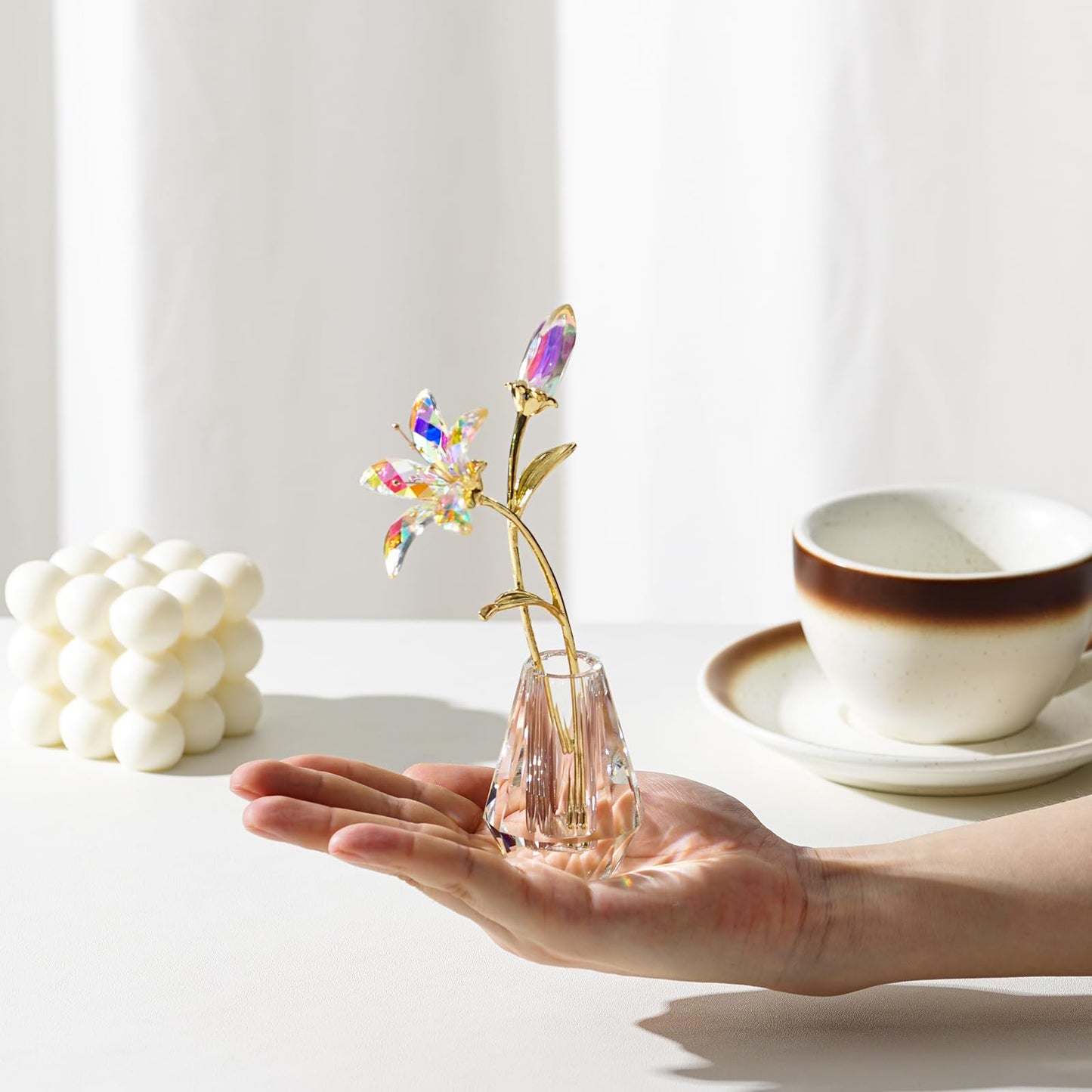 RONG KRISTO Crystal Lily Figurine, Glass Flowers with Stem,Flower Collectible Gifts for Woman, Wedding Party Decor(Transparent)