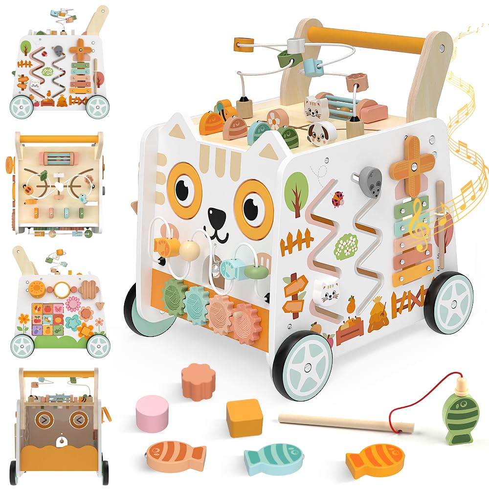 Weilim Wooden Baby Push Walker with Activity Center, Montessori Toy 12M+