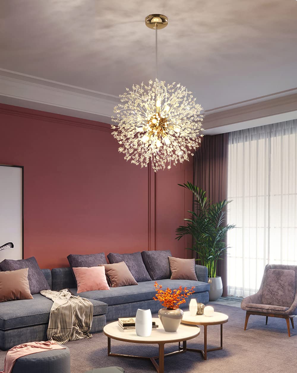 Mivenda Gold Crystal Chandeliers 12-Light Modern Dandelion Light Fixture,Firework Chandelier,Personalized Ceiling Hanging Lighting for Bedroom,Dining Room,Living Room Chandelier