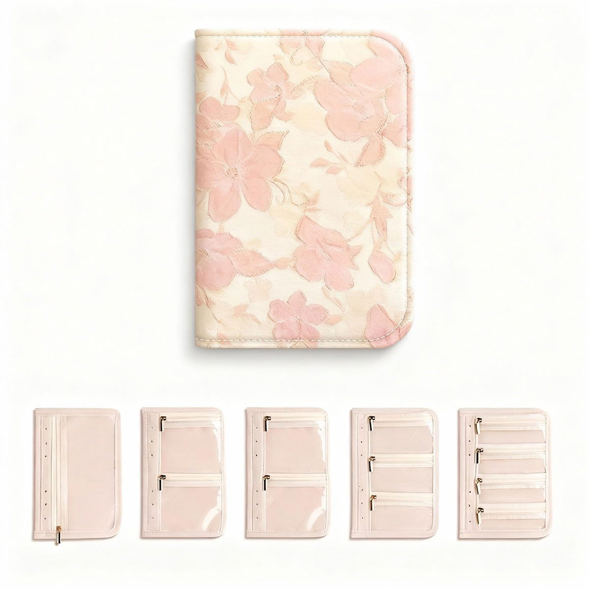 Travel Jewelry Organizer Booklet with 5 PCS Pages & 12 Zippered Pocket, Portable Jewelry Storage Pouch with PVC Windows – Mini Jewelry Travel Case for Necklaces, Rings & Earrings (Pink Floral)