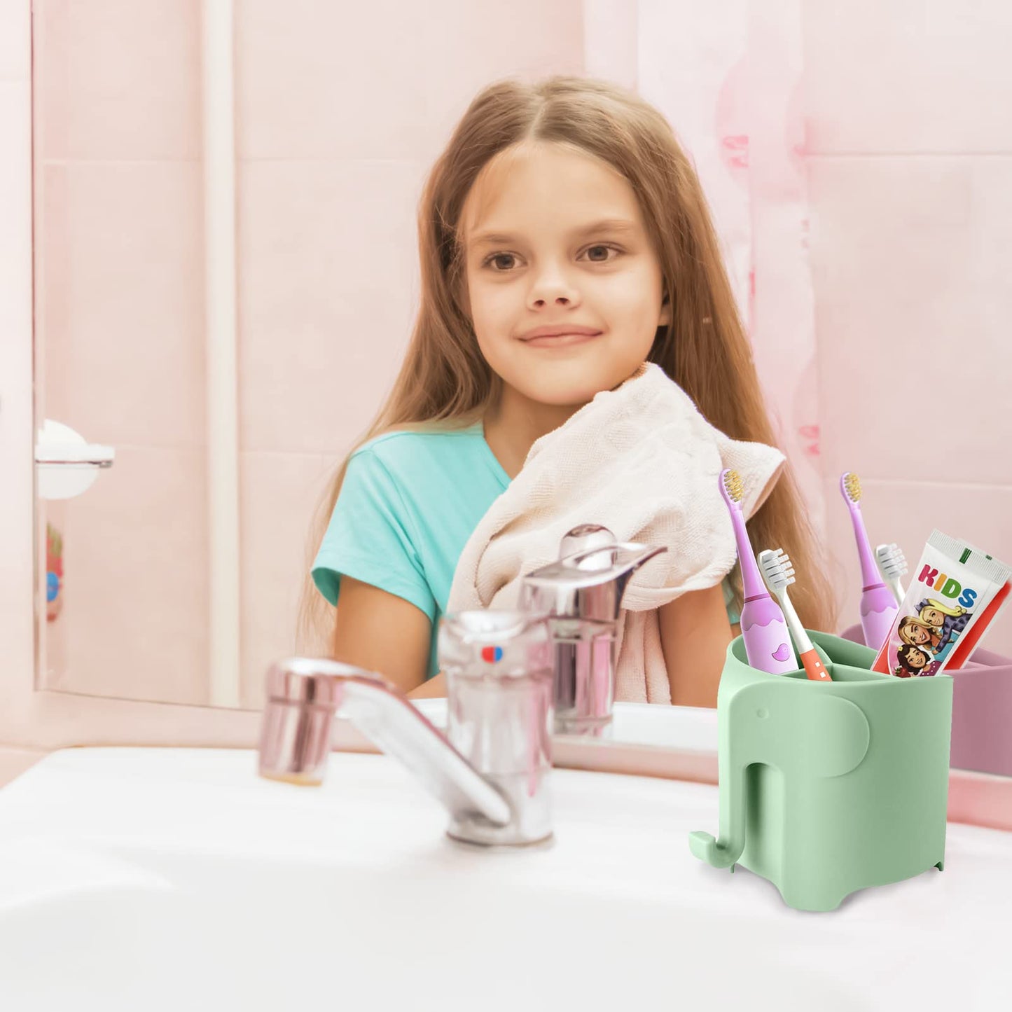 RyanLemon Elephant Toothbrush Holder for Kids,Cute Toddler Toothbrush Holder, Suction Cup Electric Toothbrush and Toothpaste Holder for Toddler with 3 Slots and a Hook for Hanging Bath Ball, Green