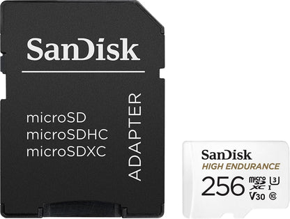SanDisk 256GB High Endurance microSDXC card for IP cams & dash cams + SD adapter up to 20,000 Hours Full HD / 4K videos up to 100 MB/s UHS-I Class 10 U3 V30