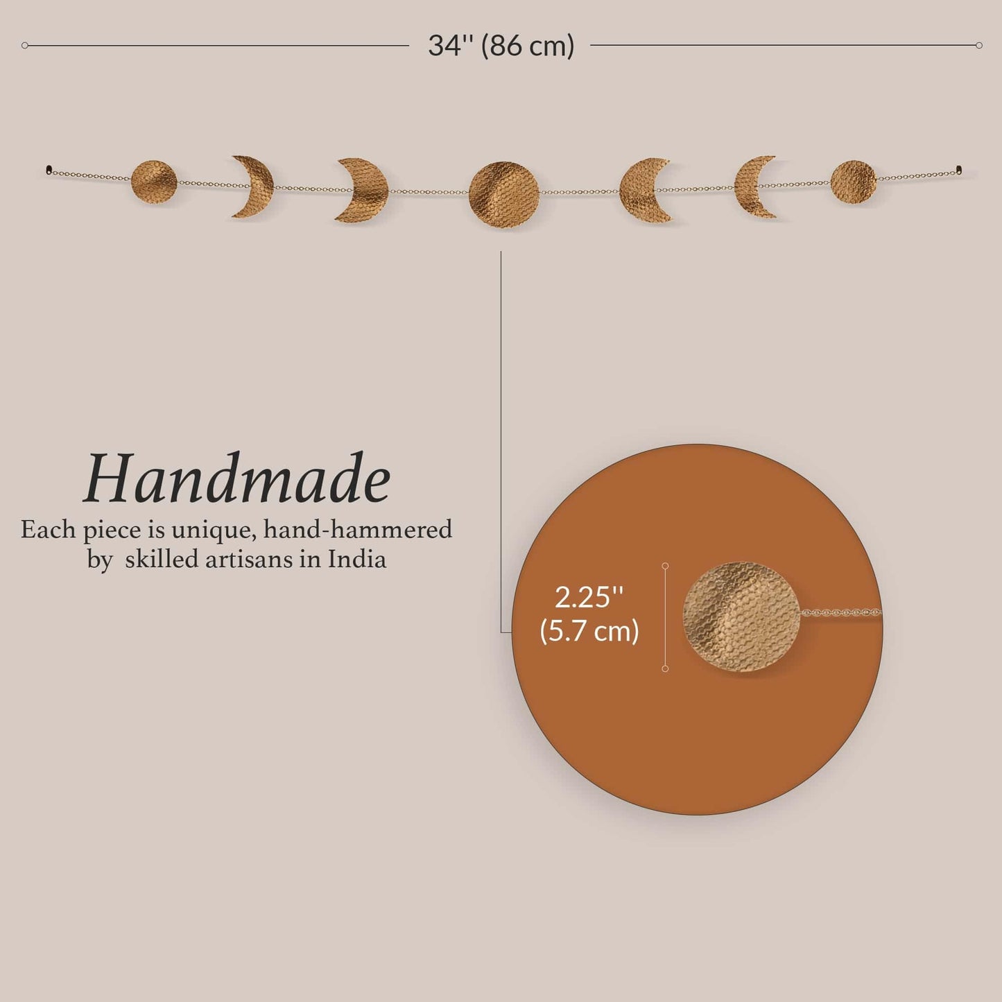 BASE ROOTS Moon Phase, Gold Wall Decor for Bedroom & Living Room, Bohemian Wall Decor, Handmade Hammered Metal 34" 7 Phases Moon, Celestial Wall Art, Gift for Women & Kids