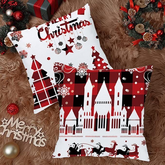 Wilproo Set of 4 Happy Winter Snowflake Merry Christmas Tree Red Castle Deer with Snowman Velvet Throw Pillow Case Cushion Cover Decorative for Sofa Living Room Square 22X22 Inches