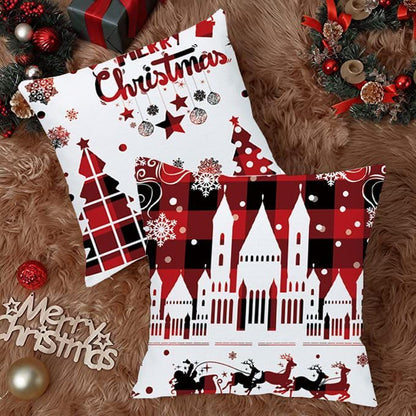 Wilproo Set of 4 Happy Winter Snowflake Merry Christmas Tree Red Castle Deer with Snowman Velvet Throw Pillow Case Cushion Cover Decorative for Sofa Living Room Square 22X22 Inches