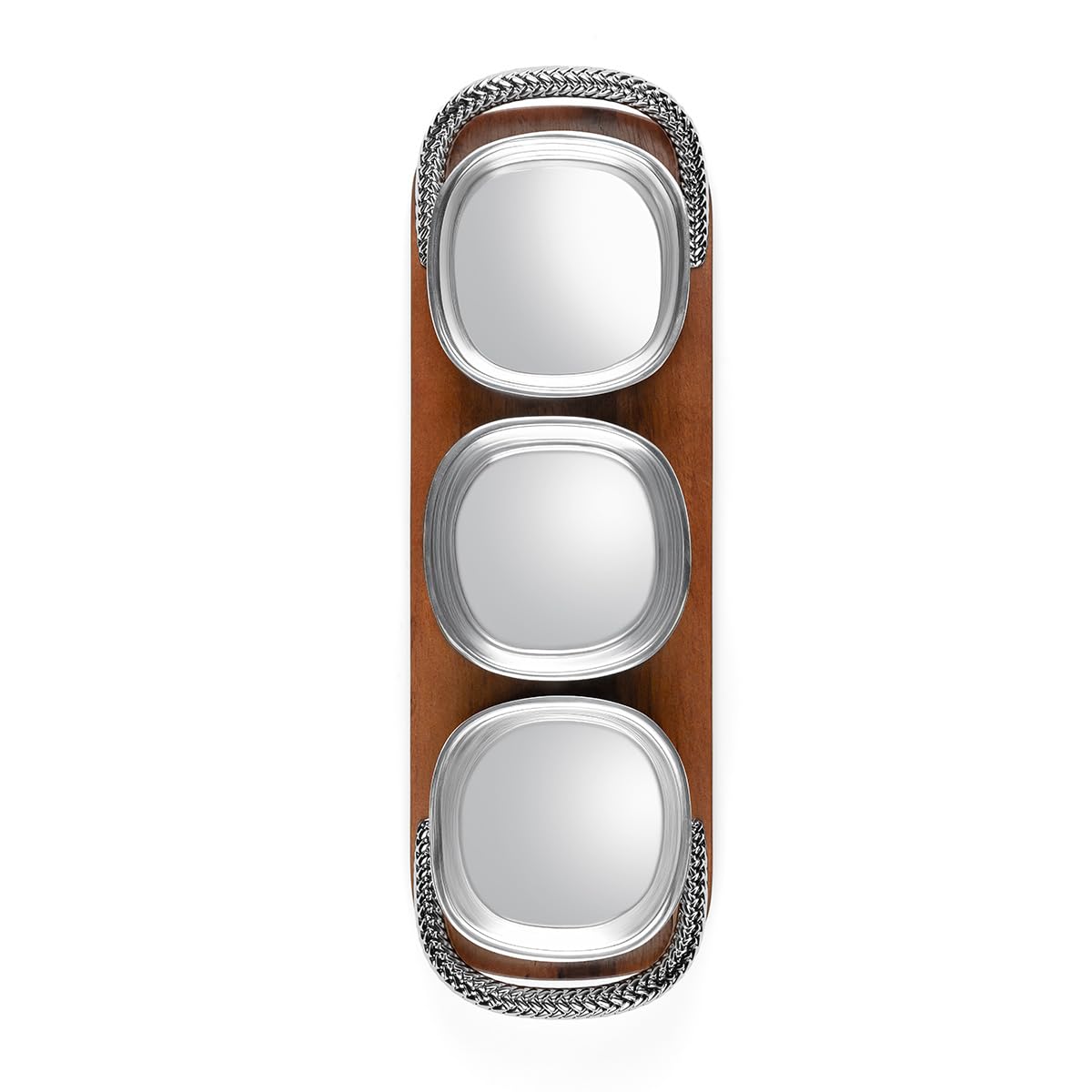 Nambe Braid Condiment Trio, Designed by Sean O’Hara – Square Alloy Bowls with Acacia Wood Serving Tray & Chrome Handles – Appetizer, Dip & Snack Server, Modern Scandinavian Design
