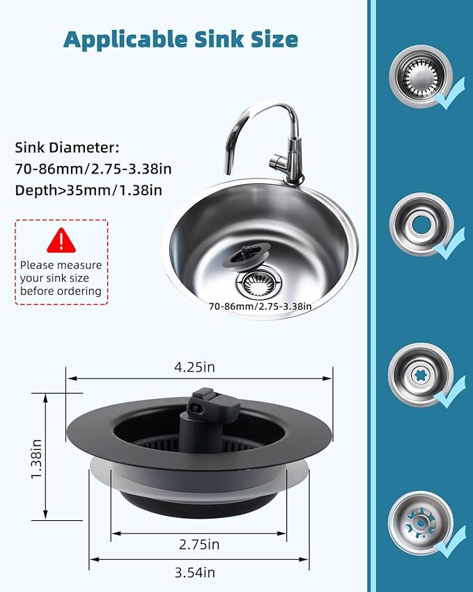 Universal 3 in 1 Kitchen Sink Drain Strainer Stopper Combo, Anti-Clog and Easy