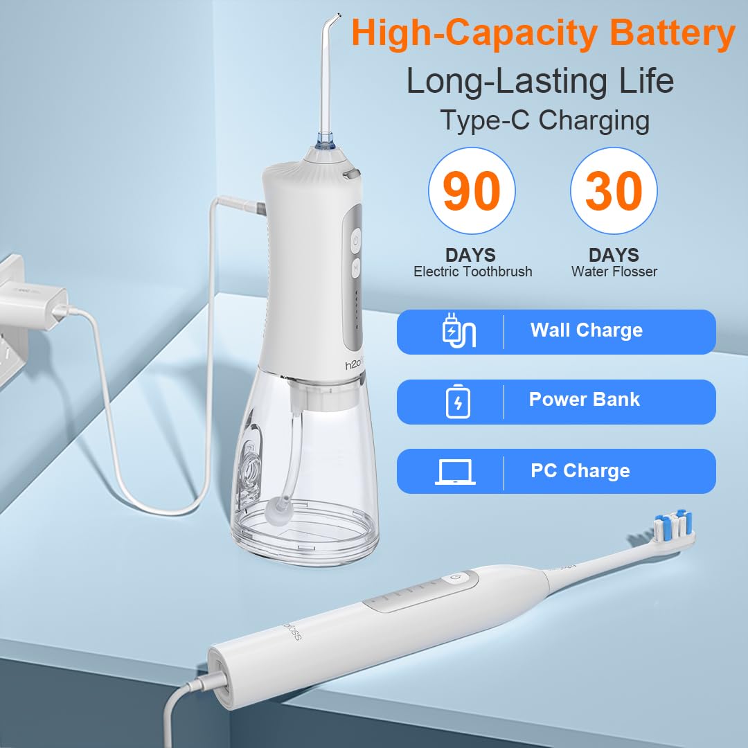 H2ofloss Sonic Electric Toothbrush and Water Flosser Combo, Rechargeable 2000mAh Toothbrush and 2500mAh Oral Irrigator with 300ml Tank, 4 Brush Heads, 5 Nozzles, 2 in 1 for Home and Travel (Black)