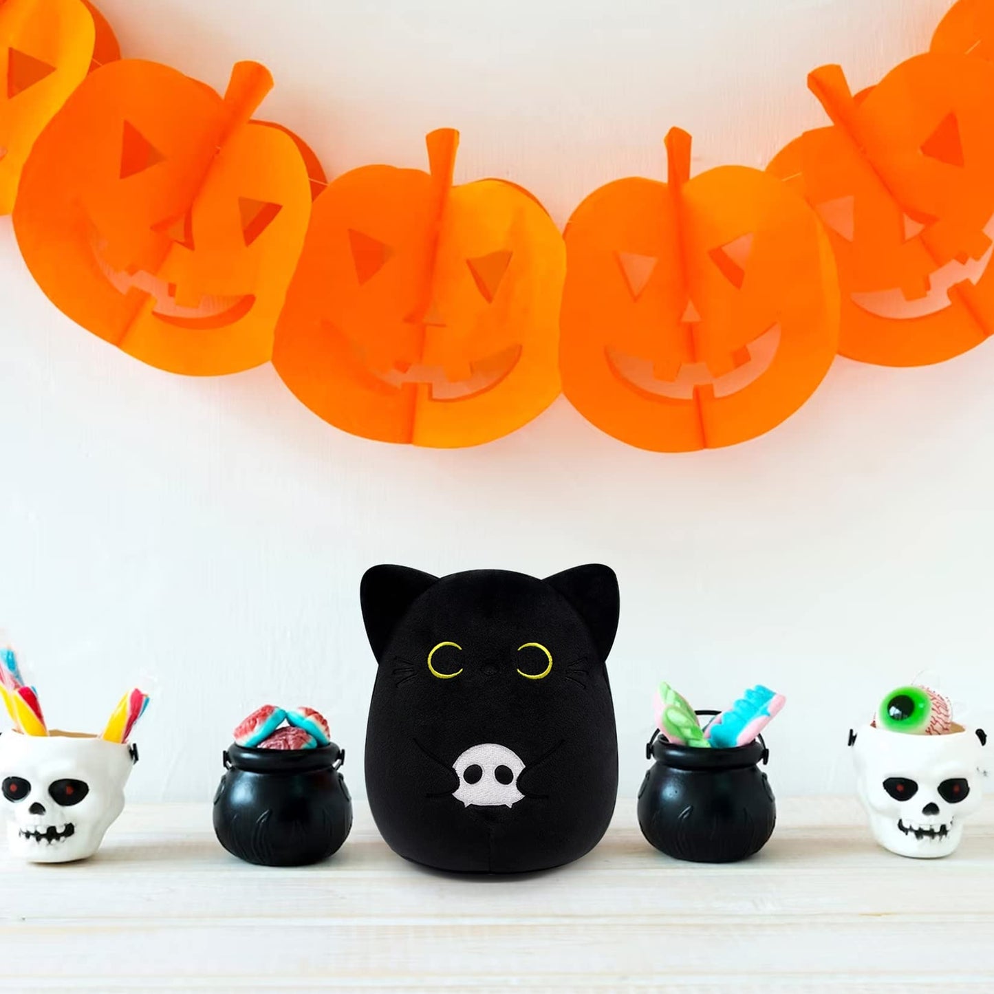 KOPHINYE Black Cat Plush, 6inch Halloween Stuffed Animal Skeleton Black Cat Plushie, Kawaii Kitten Stuffed Cat Doll Toy for Kids, Boys and Girls, Women