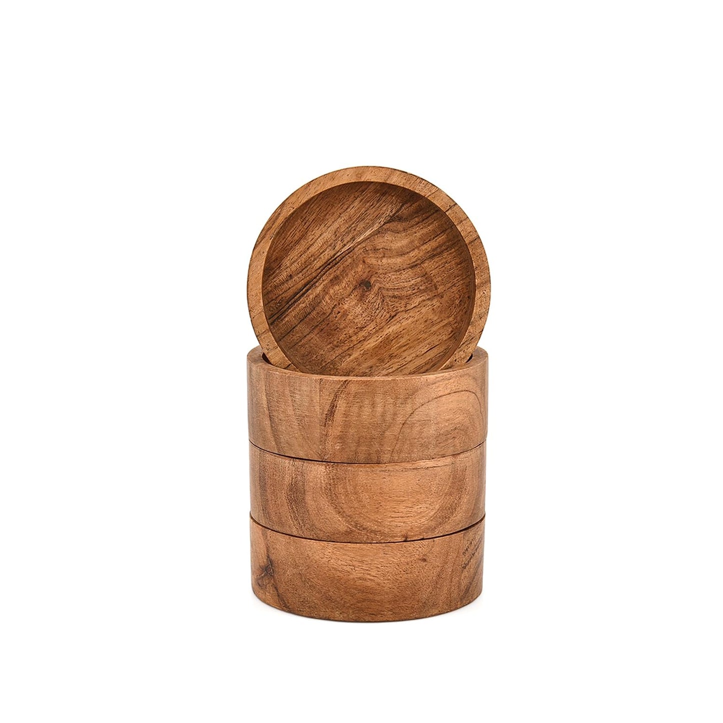 BHAVATU Bowl Set Acacia Wooden Condiment Bowls for Dips, Olives, Spices & Entertaining (Set of 4) (4" X 4" X 1.5")