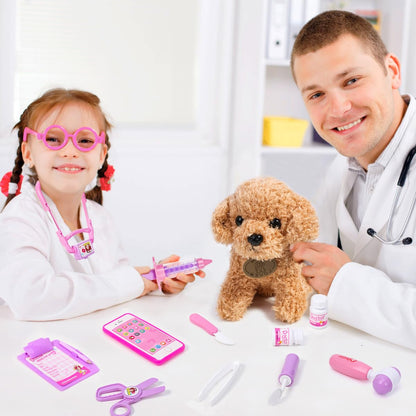 MELAND Doctors Set for Kids - Children Pet Vet Care Play Set with Doctor Costume, Plush Dog, Pretend Role Play Girls Toys for 3 4 5 6 Year Old Toddlers Birthday Presents