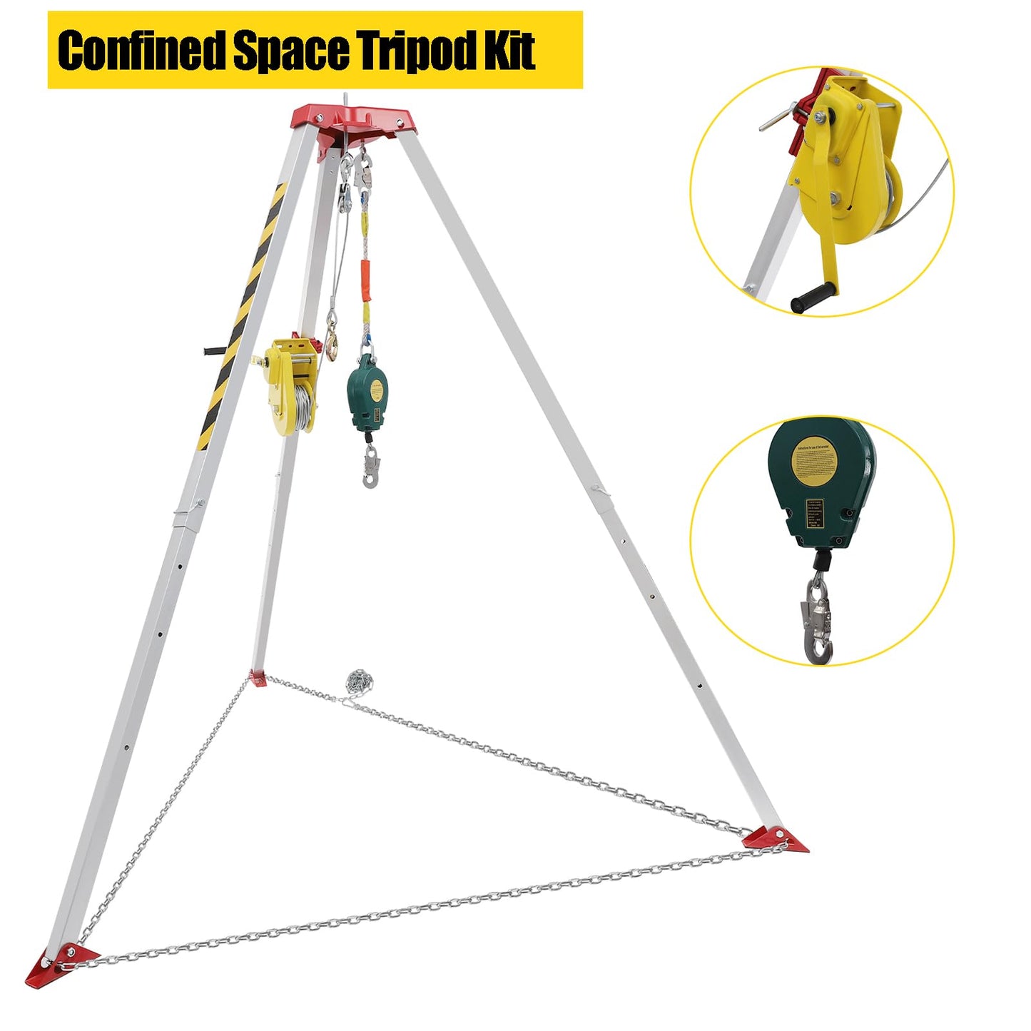 Confined Space Tripod Kit, Tripod Kit with 2600LBS Winch, Confined Space Rescue Tripod | 8.04ft Leg Bracket | 5.2-8ft Working Height | 1102.31lbs Tripod Load | 65.62ft Steel Wire Rope Length