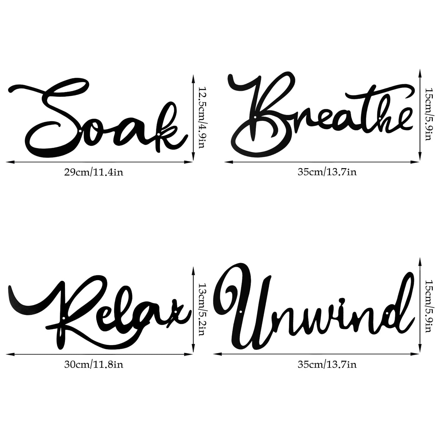 Larber 4 Pieces Bathroom Wall Decors Metal Relax Soak Unwind Breathe Wall Art Metal Bathroom Sign Hanging Black Bathroom Decor for Living Room Laundry Bathroom Spa Washroom Decorations, Black