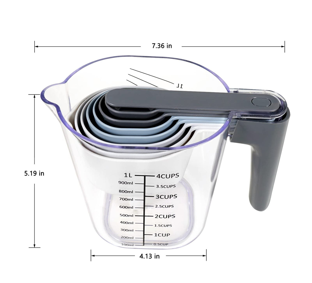 Recogwood 11 Pieces Measuring Cups and Spoons set, Includes 10 Stackable Measuring Cup with Lid and 1 Adjustable Measuring Spoon, Measuring Spoons Set for Liquid and Dry, BPA Free, Dishwasher Safe