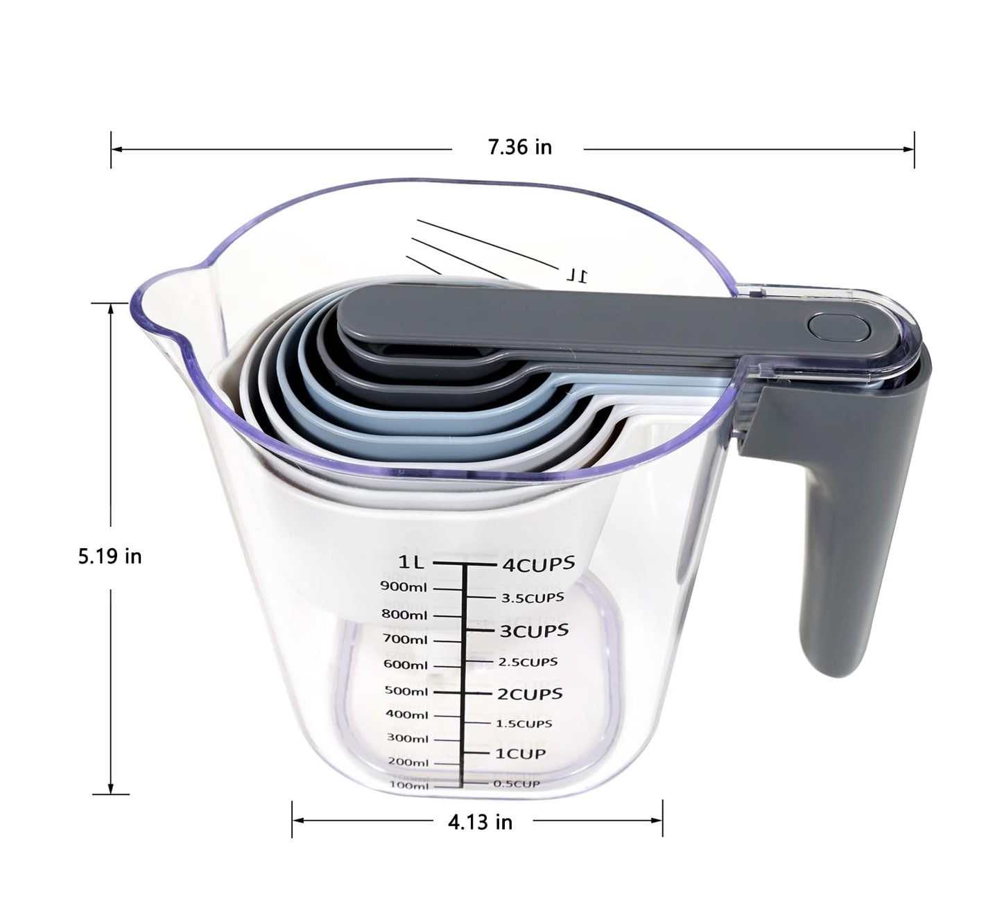 Recogwood 11 Pieces Measuring Cups and Spoons set, Includes 10 Stackable Measuring Cup with Lid and 1 Adjustable Measuring Spoon, Measuring Spoons Set for Liquid and Dry, BPA Free, Dishwasher Safe