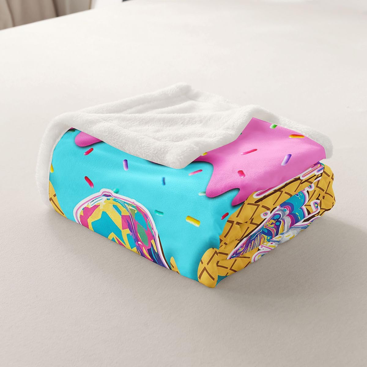 jejeloiu Ice Cream Baseball Fleece Throw Blanket Sweet Sport Hybrid Sherpa Blanket for Kids Women Men Plush Fuzzy Dessert 40"x50" Pink Teal Yellow for Bed Couch Chair Living Room Bedroom Decor