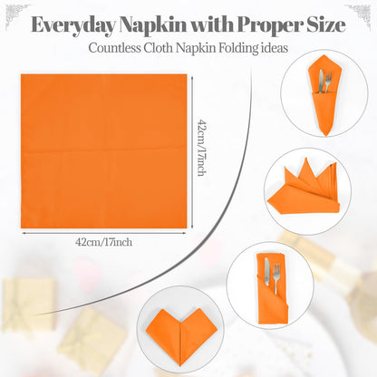 PLOYMONO Orange Heavy Duty Cloth Napkins - 17 x 17 Inch Solid Washable Polyester Dinner Napkins - Set of 8 Napkins with Hemmed Edges - Great for Parties, Fall Festival, Autumn, Halloween, Thanksgiving