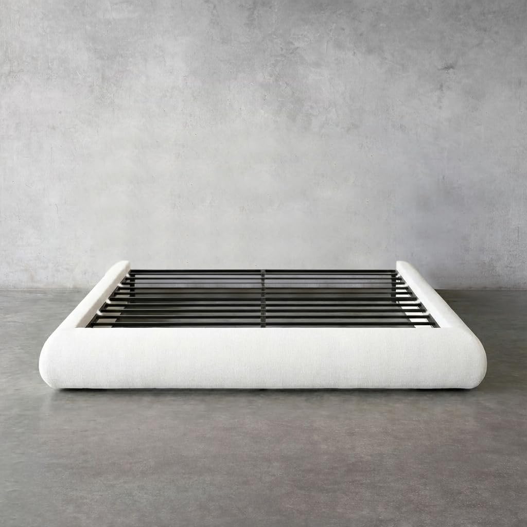 Cloud Frame Round Bed – Washable Zip Cover - Upholstered Linen Soft Foam - Modular Minimalist Modern - Half Circle Moon - Sold Sold Separately (Cream Linen Premium, Queen Base)