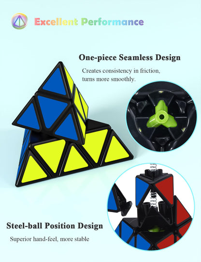 ROXENDA Speed Cube Set, 2X2 3X3 Pyramid Speed Cube Stickerless Fast Cube with Instruction (Sticker cube set)