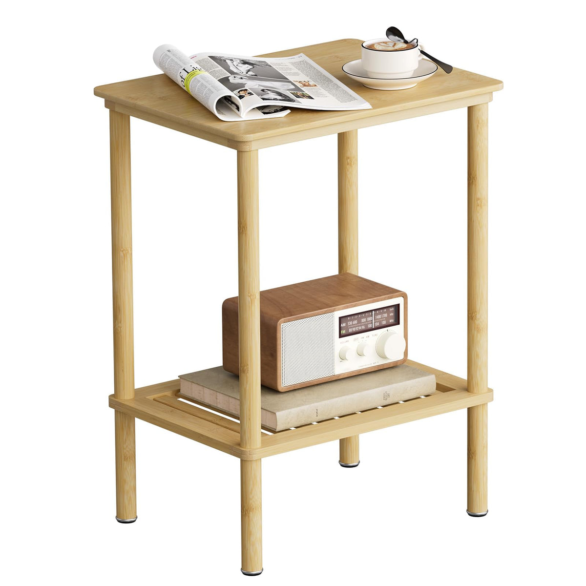 Atoping 2 Tier Bamboo End Table, Narrow Side Table with Adjustable Feet, Waterproof Small Bedside Table, Nightstand, Entryway Table for Living Room Bedroom Bathroom, No Tool Assembly, 66LBS Capacity